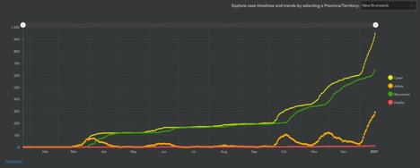 line graphs showing increase in cases in New Brunswick