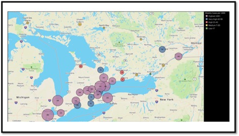 Map of Ontario with purple dots