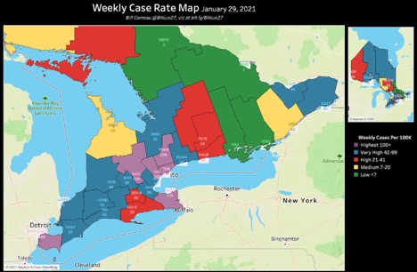 map of Ontario colour coded denoting areas with similar covid numbers