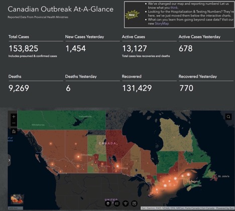 map of Canada showing provinces and prevalence of Covid-19
