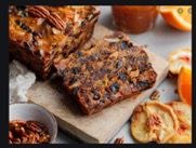 loaf of fruit case on wooden board with slice cut