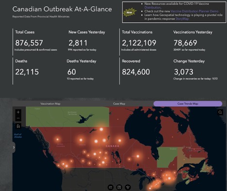 numbers summarizing Canadas covid data to date over top of a map of Canada