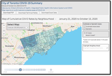 map of Toronto highlighting COVID-19 cases by neighbourhood