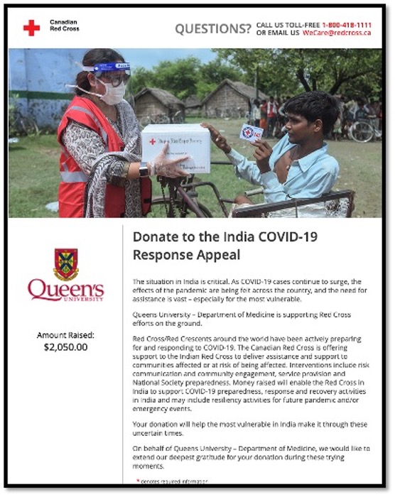 fiundraing page to donate to India showing a young boy on a bicycle receiving care package from Red Cross worker