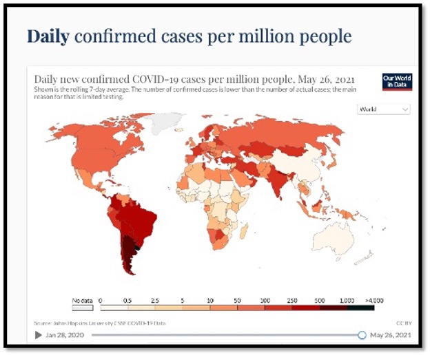 world map with shades of red to show most daily cases per country