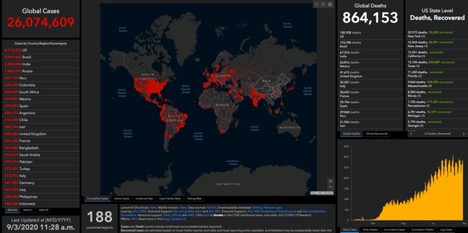 global map highlighting large areas of COVID-19