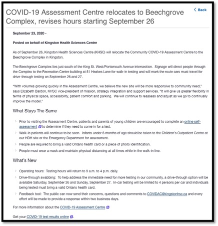memo stating voiced testing centre moved to Beechgrove