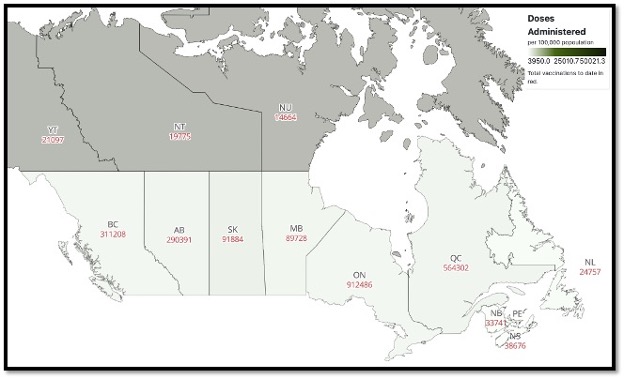 map of Canada with each province and vaccines administered labelled