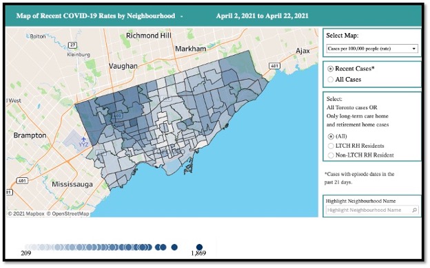 recent map of Toronto showing areas of increased COVID by neighbourhood