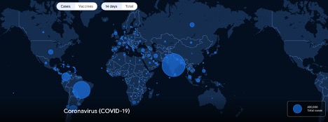 world map with different size blue circles showing areas of high and low infection