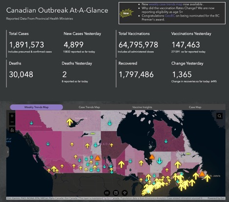 map of Canada with arrows showing increases in covid cases