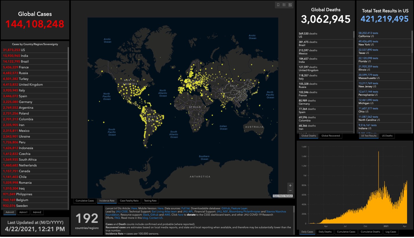 world map with yellow dots and ranking lists by country with most cases and deaths