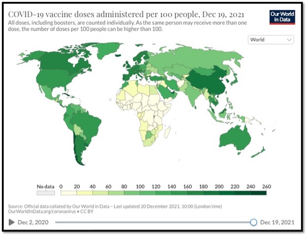 world map with different shades of green showing areas not vaccinated yet