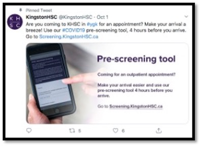screenshot of tweet for kHSC pre screening app with index finger scrolling on an iPhone