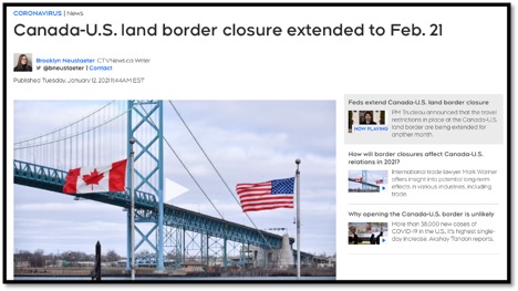 border bridge with US and Canadian flag and title that Canada-US land border closure extended