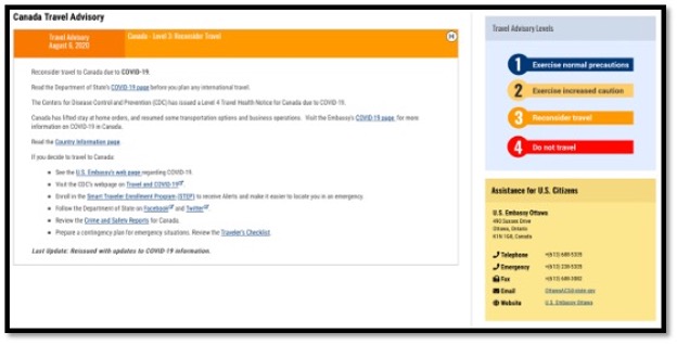 screenshot of travel advisory to us citizens