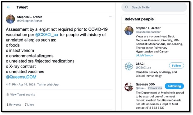 screenshot of tweet from Dr. Archer regarding allergies