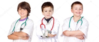 three young boys dressed as doctors with stethoscopes and arms folded