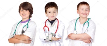 three young boys dressed as doctors wearing white coats and stethoscope