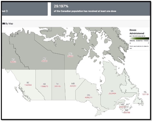 map of Canada with each province labelled and the number of vaccines given