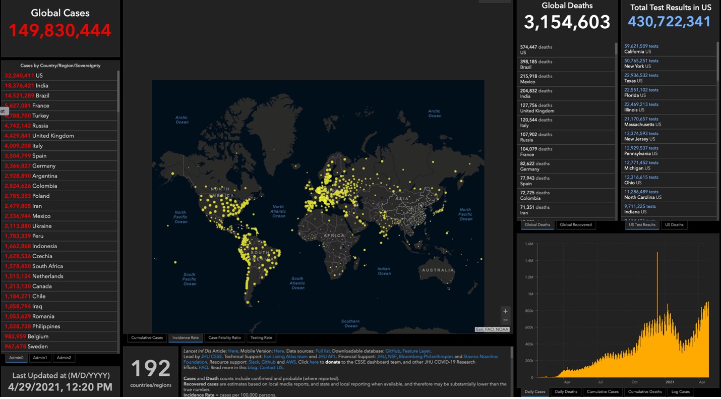 world map with yellow dots and ranking of countries leading in covid cases and deaths