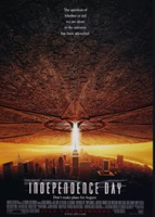 movie poster for independence day spaceship shining light on NY city
