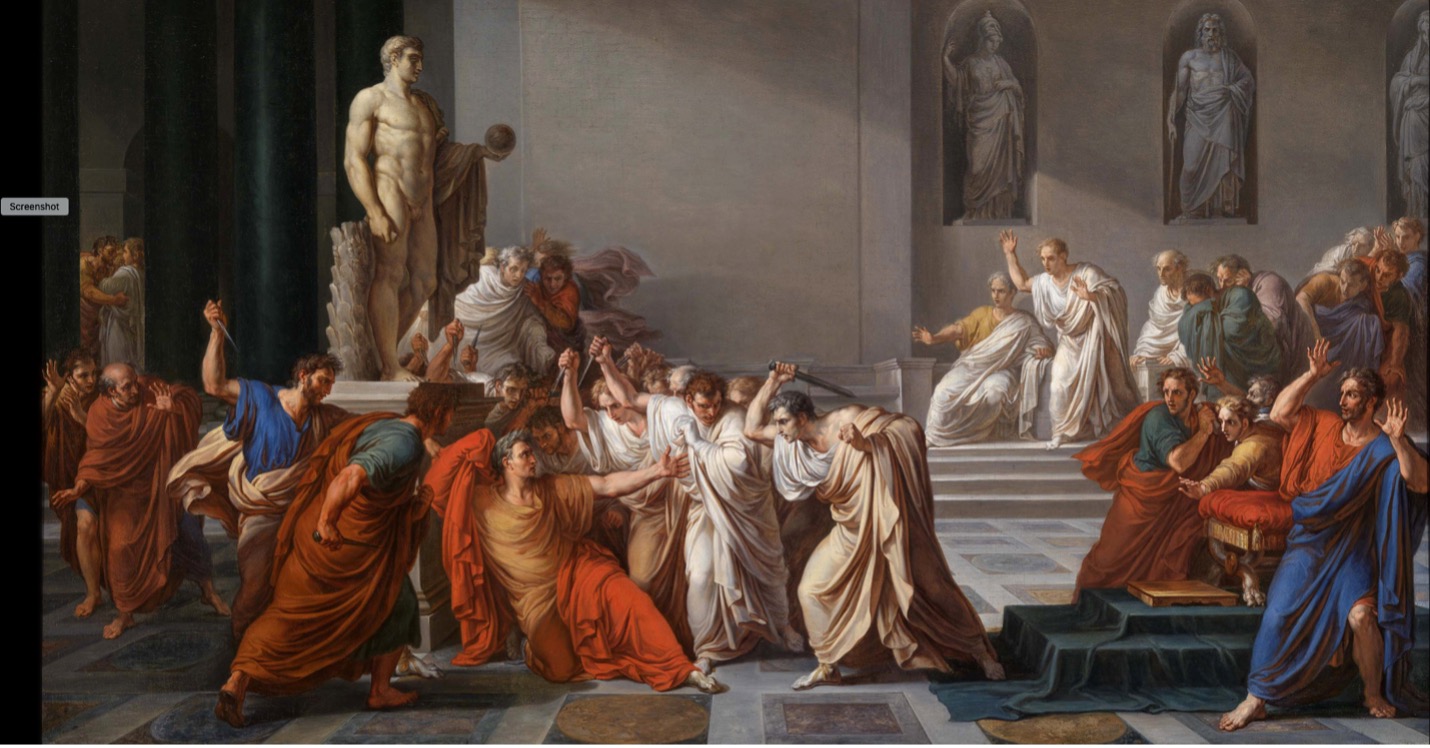 drawing of many robed men fighting some with knives