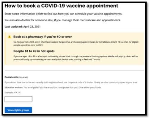screenshot of vaccination booking website