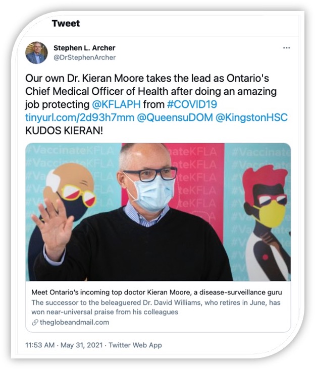 Tweet of Dr. Kieran Moore wearing a mask and waving