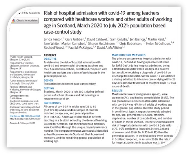 screenshot of paper on the rarety of hospital admissions for covid-19 among teachers