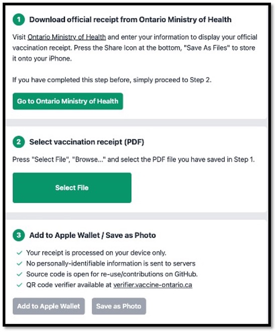 screenshot of App to download and save vaccination proof to your iPhone