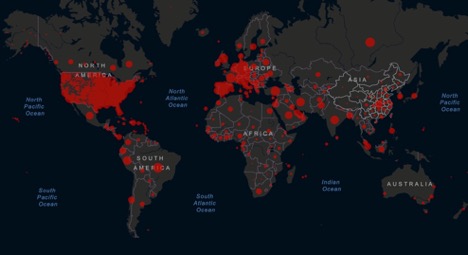 world map showing cases in each country