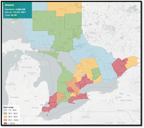 Map of Ontario showing cases in each area