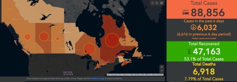 map of Canada showing prevalence of cases per province