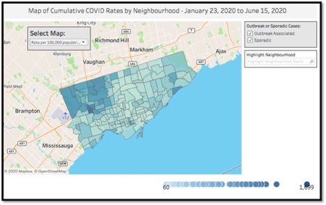 Map of cumulative COVID Rates by Neighbourhood - Jan 23 - June 15 2020