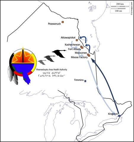 A map of the Weeneebayko Health Region, with coastal (fly-in) communities of Fort Albany, Kashechewan, Attawapiskat, and Peawanuck labelled.