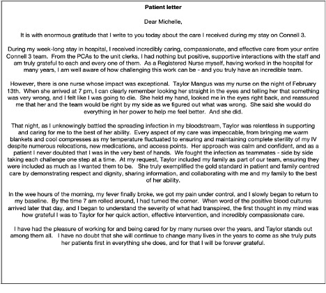 patient letter thanking nurses for excellent care