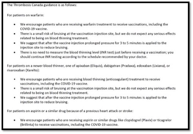 memo from thrombosis canada re vaccine safety