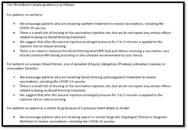 memo from thrombosis canada re getting a vaccine if on blood thinner