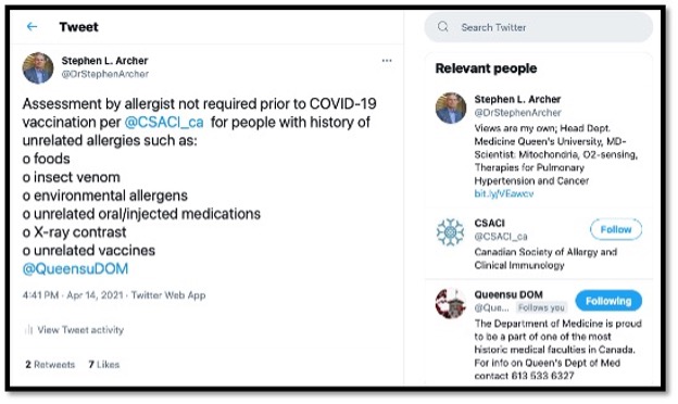 tweet regarding allergies and vaccines