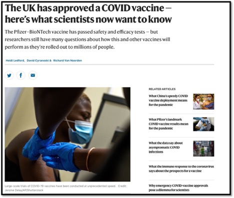 screen shot of headline UK approved vaccine photo of a man receiving a vaccine in the arm