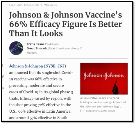 screenshot of Johnson and Johnson vaccine efficacy news article with Johnson and Johnson logo