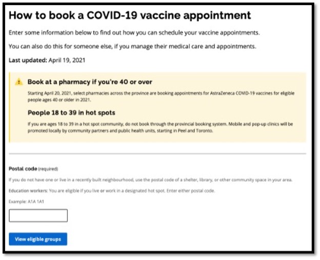 screenshot of link to get vaccine