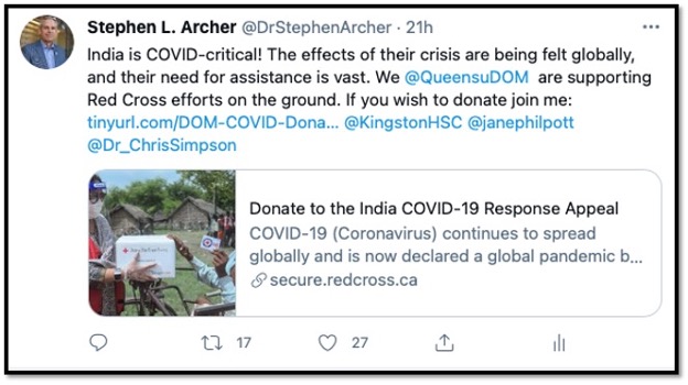 tweet for donation to India and a small photo of a boy getting a care pkg from the Red Cross