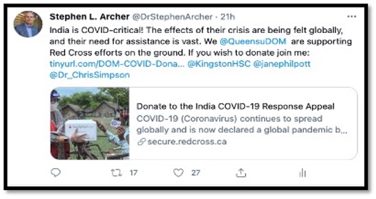 tweet to donate to India with photo of young boy on bicycle receiving care package from Red Cross worker