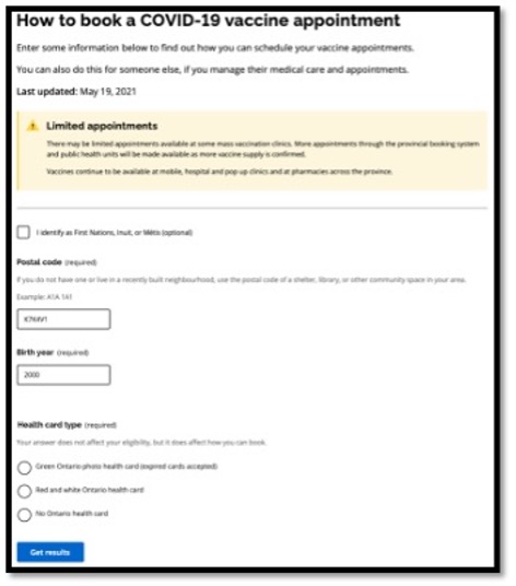 screenshot of covid registration page