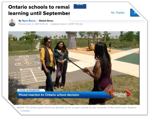 two parents being interviewed by global reporter in a playground
