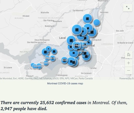 Map of Montreal and area showing prevalence of cases