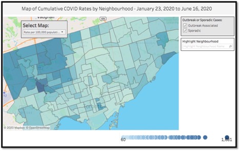 Map of cumulative COVID Rates by Neighbourhood - Jan 23 - June 16 2020