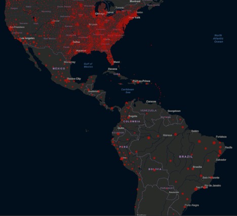 map of USA, Latin and South America showing prevalence of COVID-19 per area